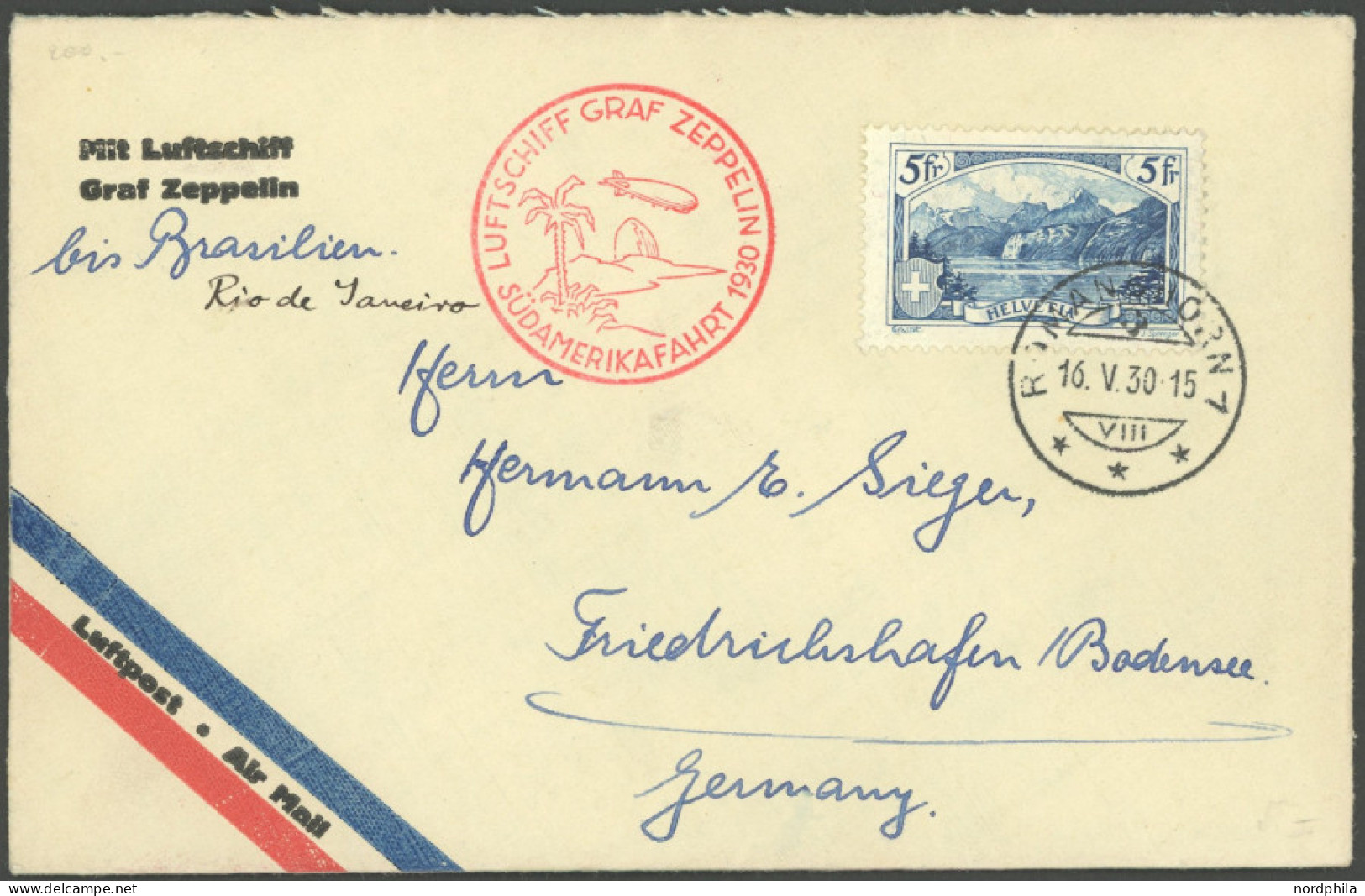 ZULEITUNGSPOST 57M BRIEF, Schweiz: 1930, Südamerikafahrt, Bis Rio De Janeiro, Prachtbrief - Correo Aéreo & Zeppelin