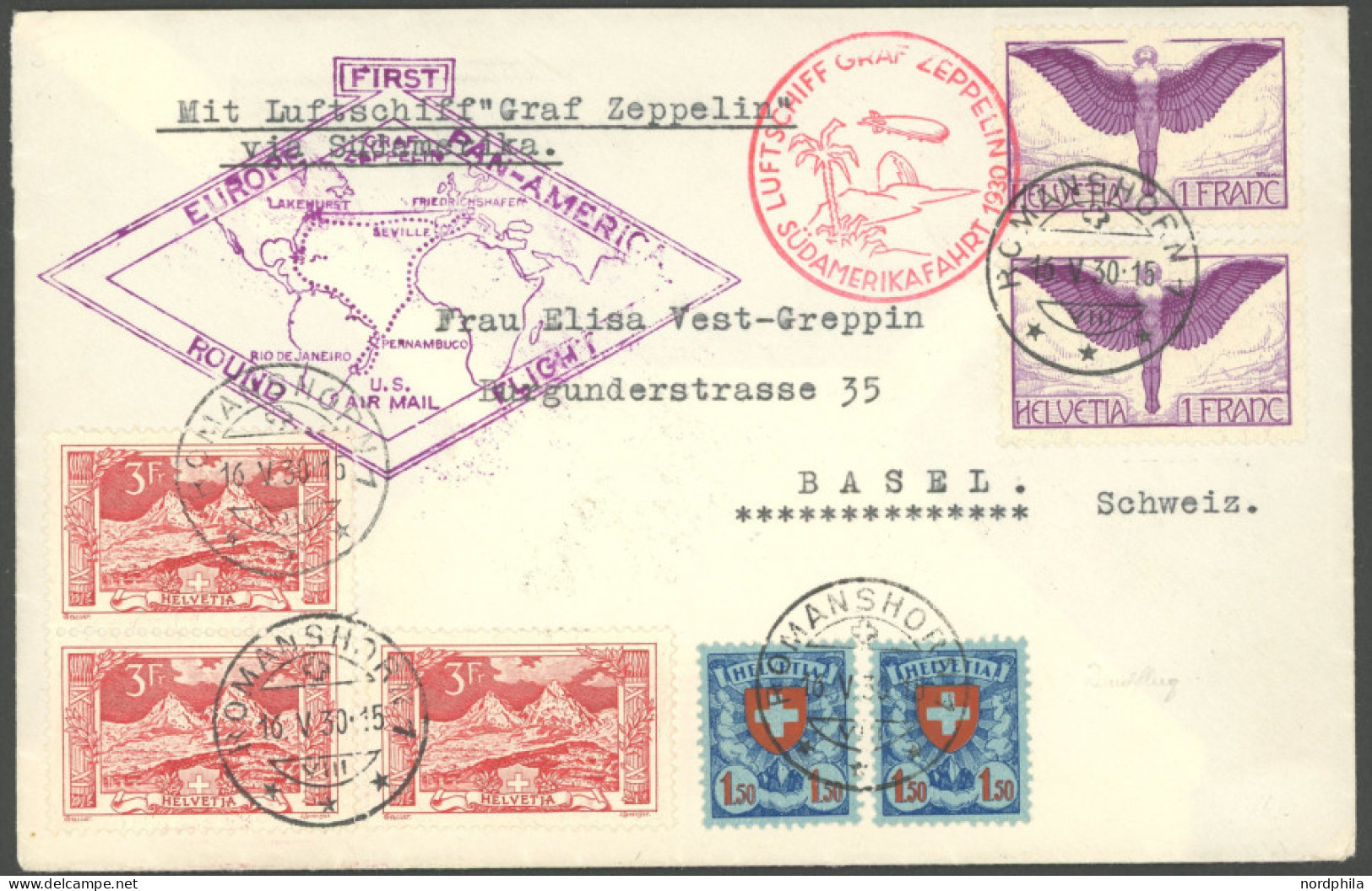 ZULEITUNGSPOST 57P BRIEF, Schweiz: 1930, Südamerikafahrt, Rundfahrt Friedrichshafen-Friedrichshafen, Prachtbrief - Airmail & Zeppelin