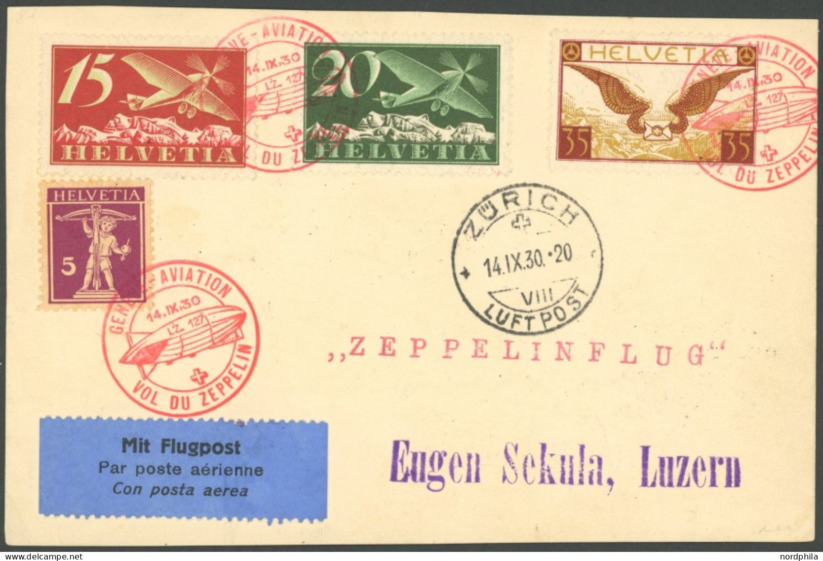ZULEITUNGSPOST 86 BRIEF, Schweiz: 1930, Landungsfahrt Nach Genf, Sekula-Völkerbund Karte In Englisch, Pracht - Luft- Und Zeppelinpost