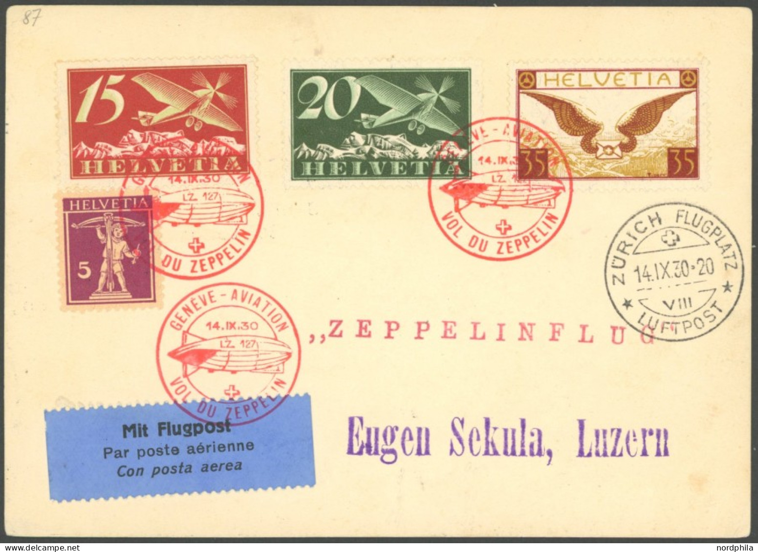 ZULEITUNGSPOST 86 BRIEF, Schweiz: 1930, Landungsfahrt Nach Genf, Sekula-Völkerbund Karte In Deutsch, Pracht - Luft- Und Zeppelinpost