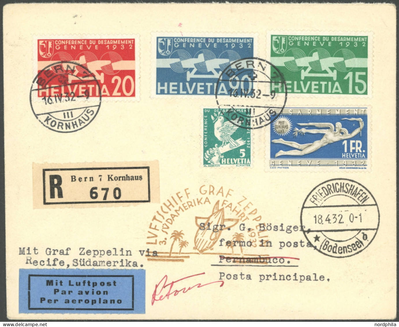 ZULEITUNGSPOST 150 BRIEF, Schweiz: 1932, 3. Südamerikafahrt, Einschreibbrief, Pracht - Airmail & Zeppelin