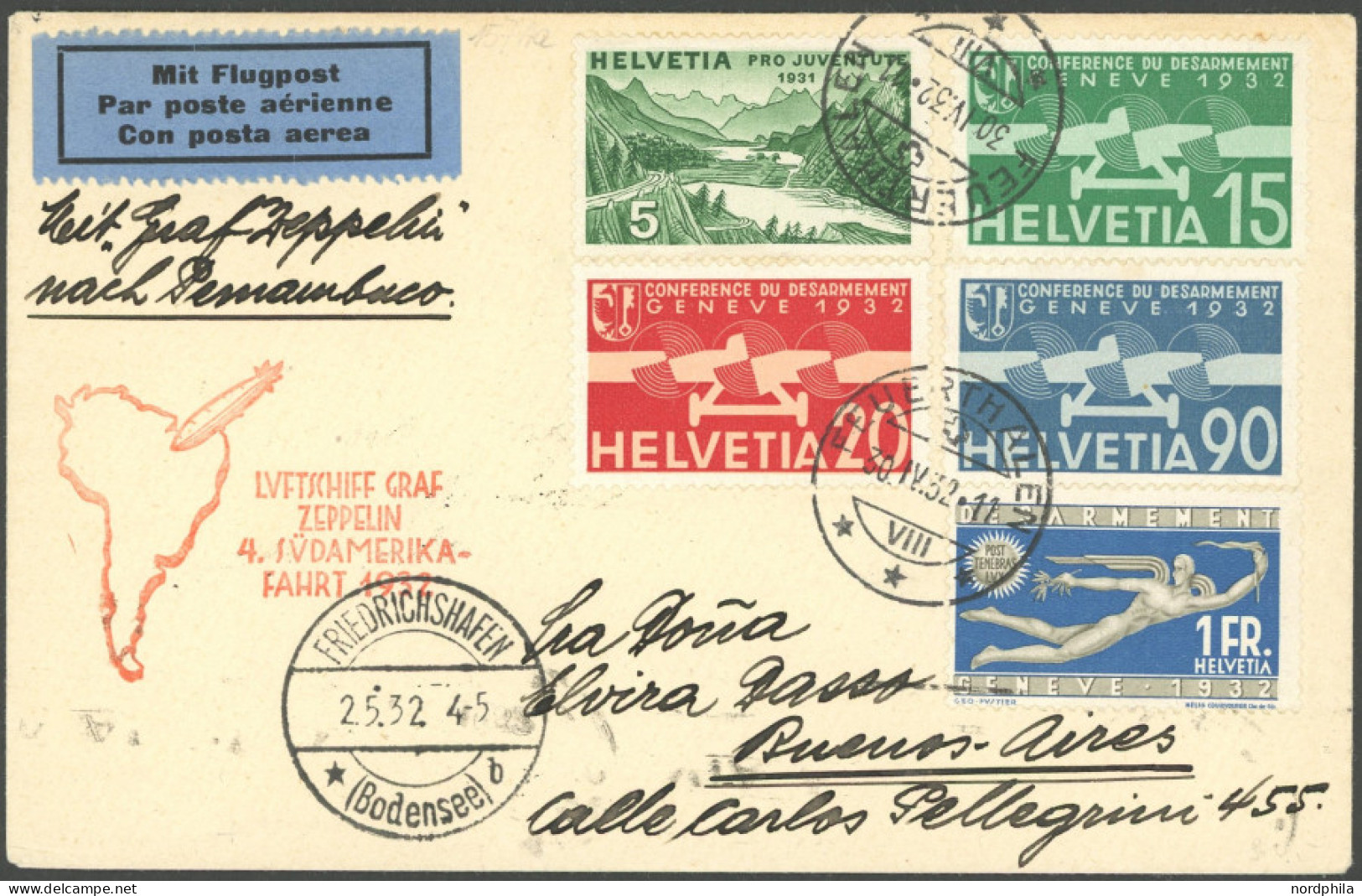 ZULEITUNGSPOST 157 BRIEF, Schweiz: 1932, 4. Südamerikafahrt, Privatbrief Ab Feuerthalen, Pracht - Luft- Und Zeppelinpost