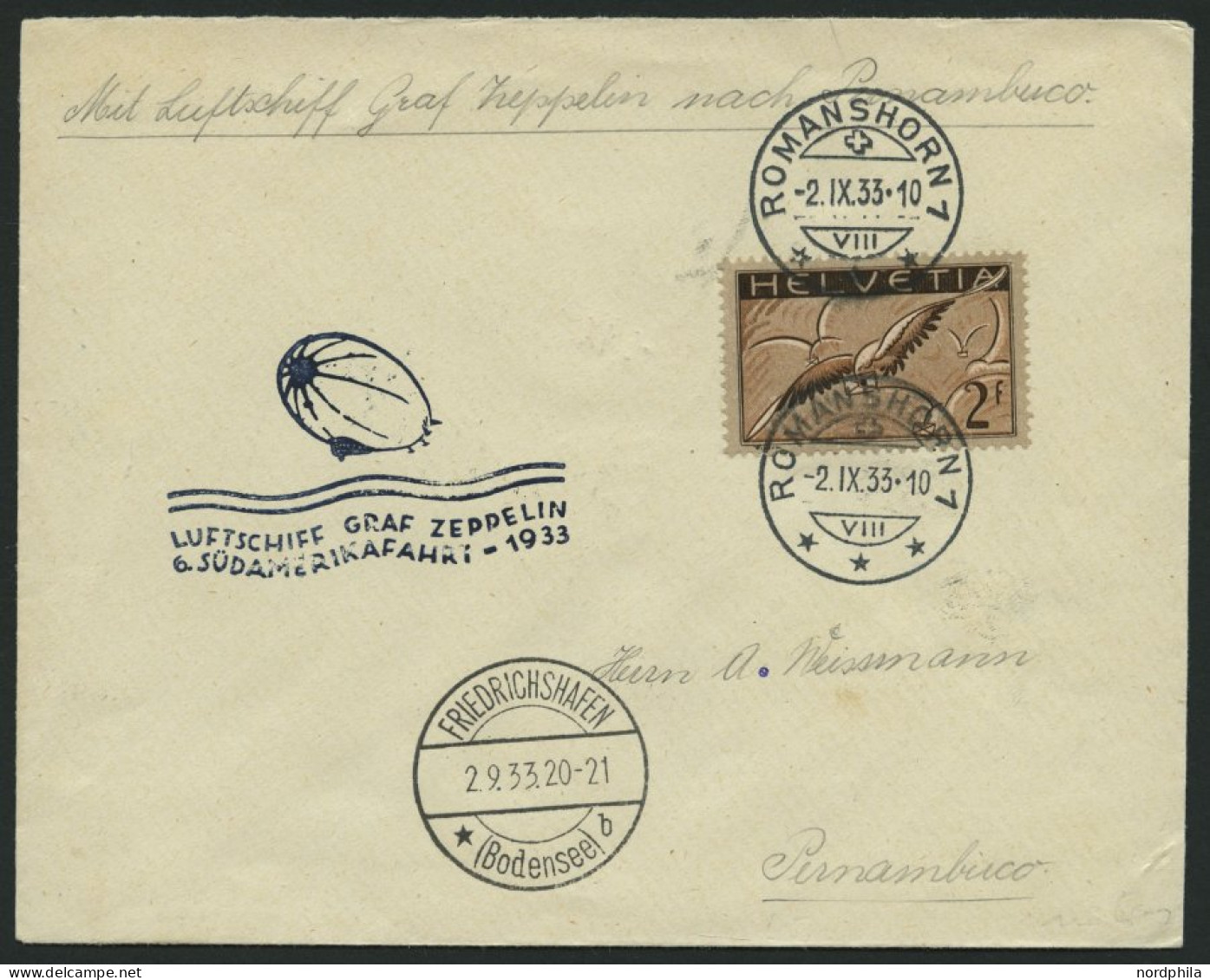 ZULEITUNGSPOST 229Aa BRIEF, Schweiz: 1933, 6. Südamerikafahrt, Prachtbrief - Airmail & Zeppelin