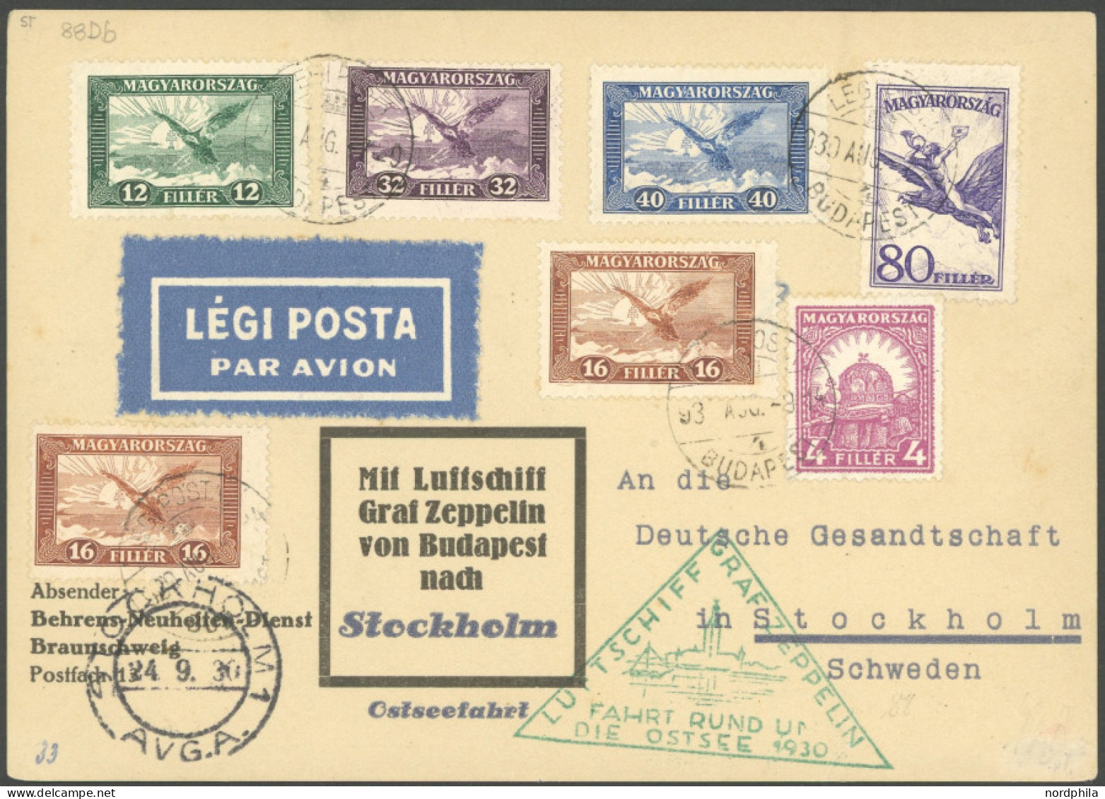 ZULEITUNGSPOST 88D BRIEF, Ungarn: 1930, Ostseefahrt, Abwurf Stockholm, Prachtkarte - Luft- Und Zeppelinpost