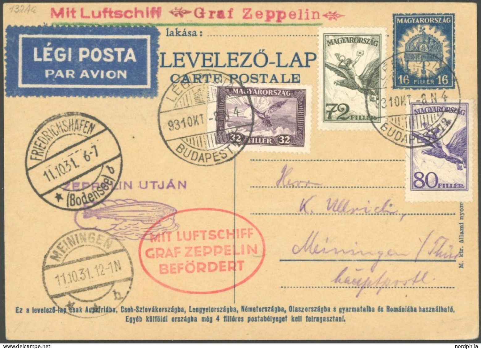 ZULEITUNGSPOST 132Aa BRIEF, Ungarn: 1931, Fahrt Nach Meiningen, Prachtkarte - Poste Aérienne & Zeppelin