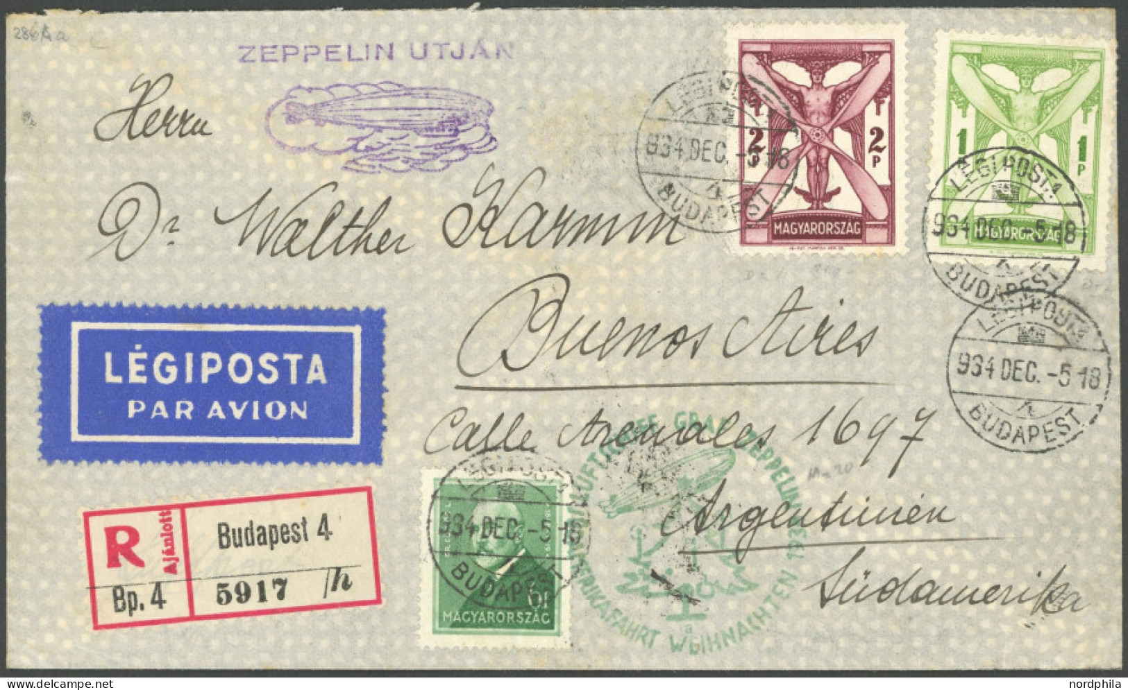 ZULEITUNGSPOST 286Aa BRIEF, Ungarn: 1934, Weihnachtsfahrt, Auflieferung Friedrichshafen (a), Einschreibbrief, Pracht - Airmail & Zeppelin