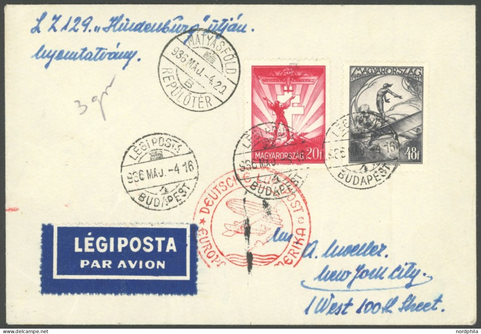 ZULEITUNGSPOST 406C BRIEF, Ungarn: 1936, 1. Nordamerikafahrt, Auflieferung Frankfurt (c), Prachtbrief - Poste Aérienne & Zeppelin