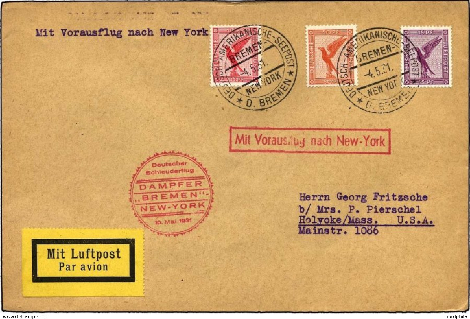 KATAPULTPOST 40b BRIEF, 10.5.1931, Bremen - New York, Seepostaufgabe, Prachtbrief - Covers & Documents