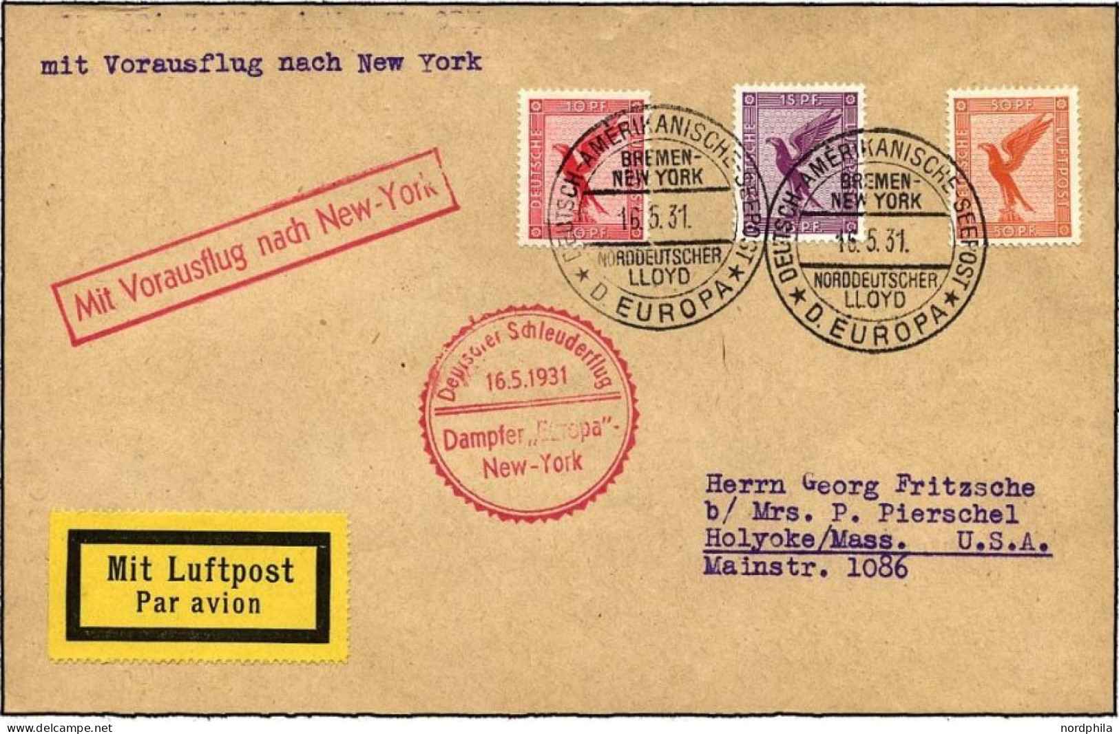KATAPULTPOST 41b BRIEF, 16.5.1931, Europa - New York, Seepostaufgabe, Prachtbrief - Lettres & Documents