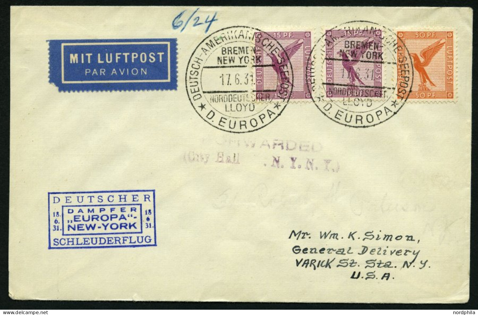 KATAPULTPOST 50b BRIEF, 18.6.1931, Europa - New York, Seepostaufgabe, Prachtbrief - Covers & Documents