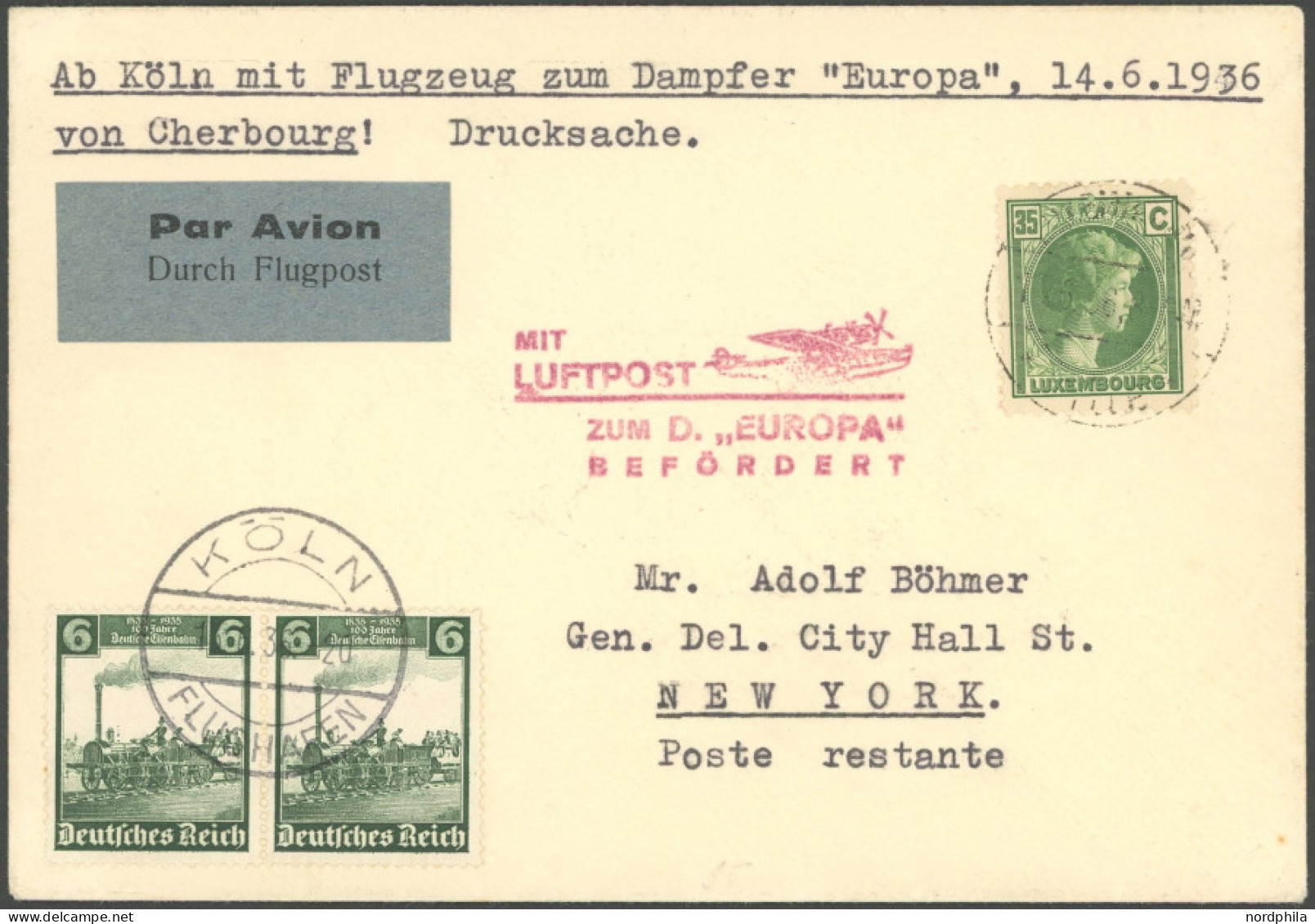 KATAPULTPOST Luxemburg: 14.6.1936, Nachbringeflug Zum Dampfer Europa, Mischfrankatur, Prachtbrief - Poste Aérienne & Zeppelin