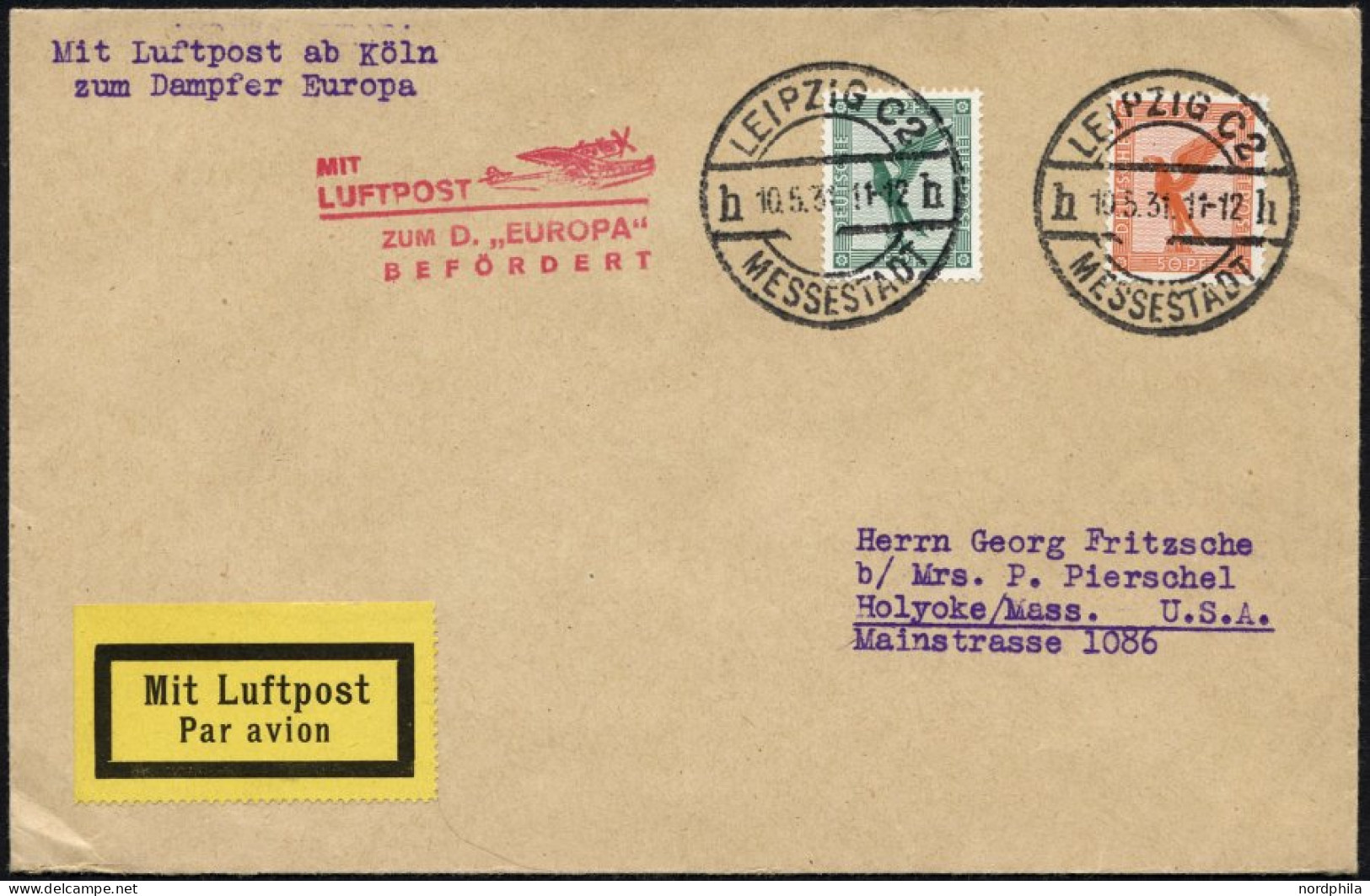 KATAPULTPOST 10.5.1931, Mit Luftpost Zum Dampfer Europa Befördert, Luftpostbrief Von Leipzig In Die USA, Pracht - Covers & Documents