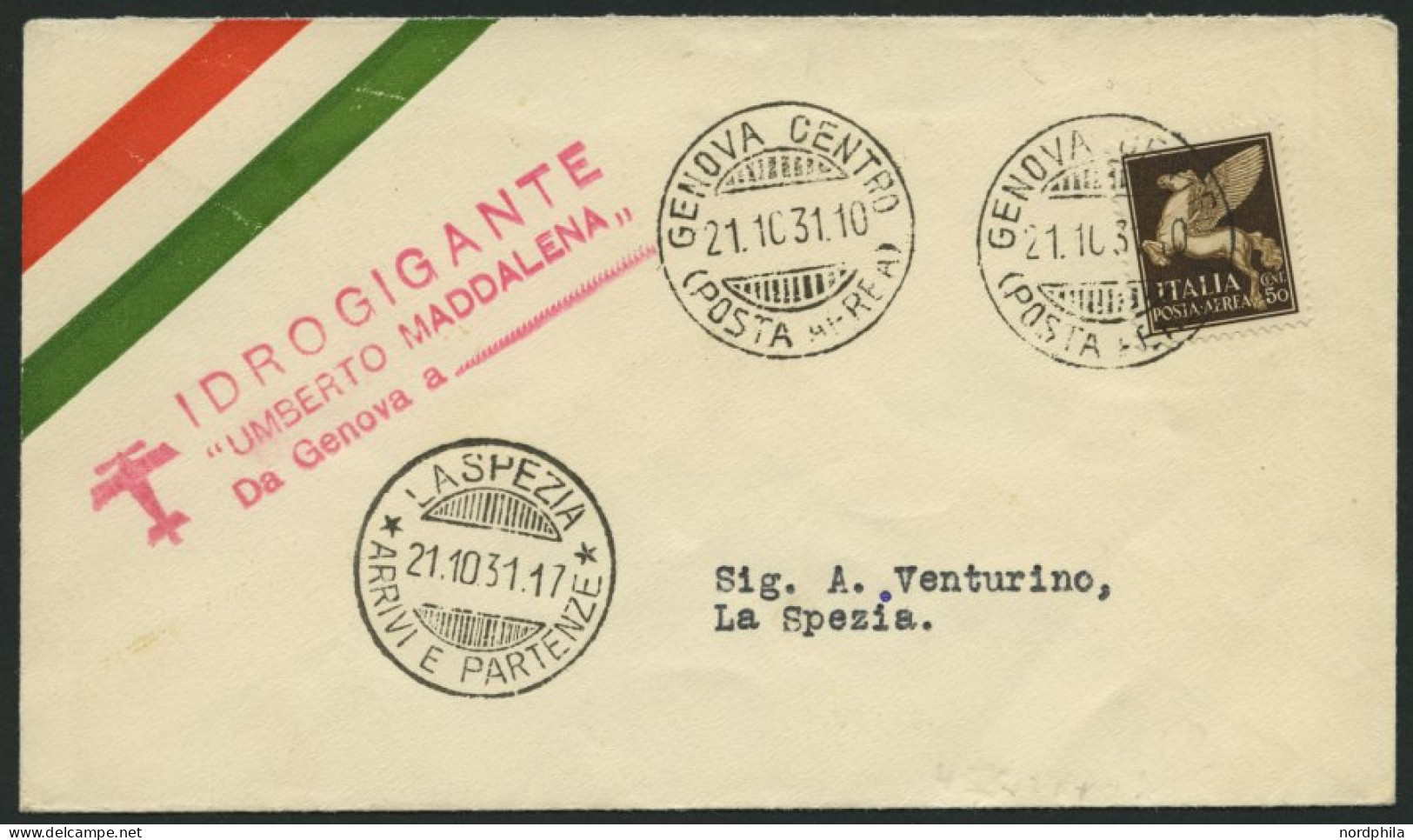 DO-X LUFTPOST DO X2II BRIEF, 21.10.1931, DO X 2 UMBERTO MADDALENA, Roter L3 Auf Brief Von GENUA Nach La Spezia, Pracht,  - Storia Postale (Posta Aerea)