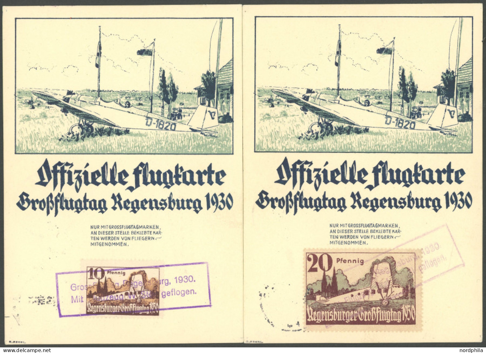 HALBAMTLICHE FLUGMARKEN 18a,19b BRIEF, 1930, 10 Und 20 Pf. Regensburger Großflugtag, 2 Sonderpostkarten Mit Beförderungs - Avions