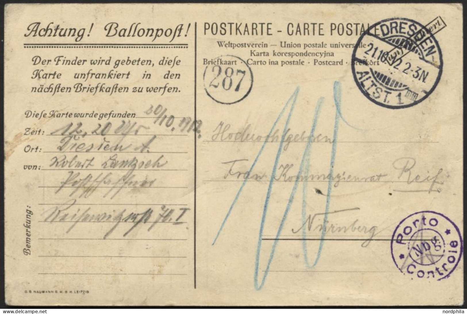 BALLON-FAHRTEN 1897-1916 20.10.1912, Leipziger Verein Für Luftschiffahrt, Abwurf Vom Ballon LEIPZIG, Postaufgabe In Dres - Fesselballons