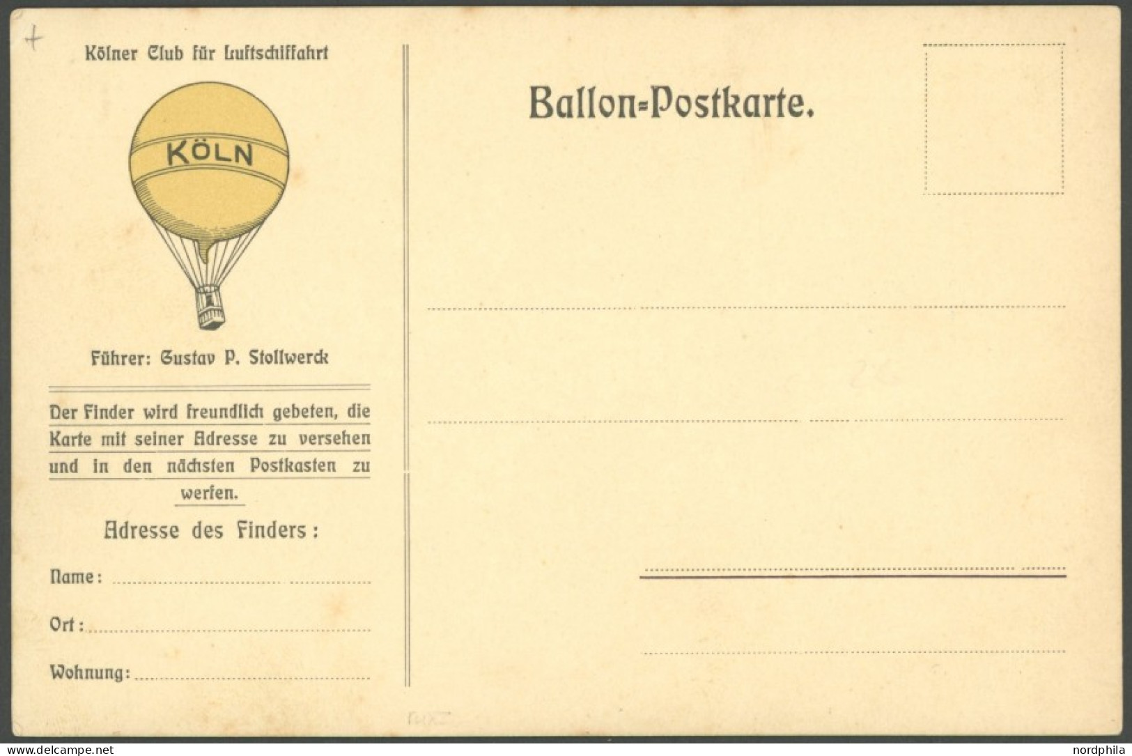 BALLON-FAHRTEN 1897-1916 1912/14, Kölner Club Für Luftschifffahrt, Ballon-Postkarte, Ungebraucht, Pracht - Flugzeuge
