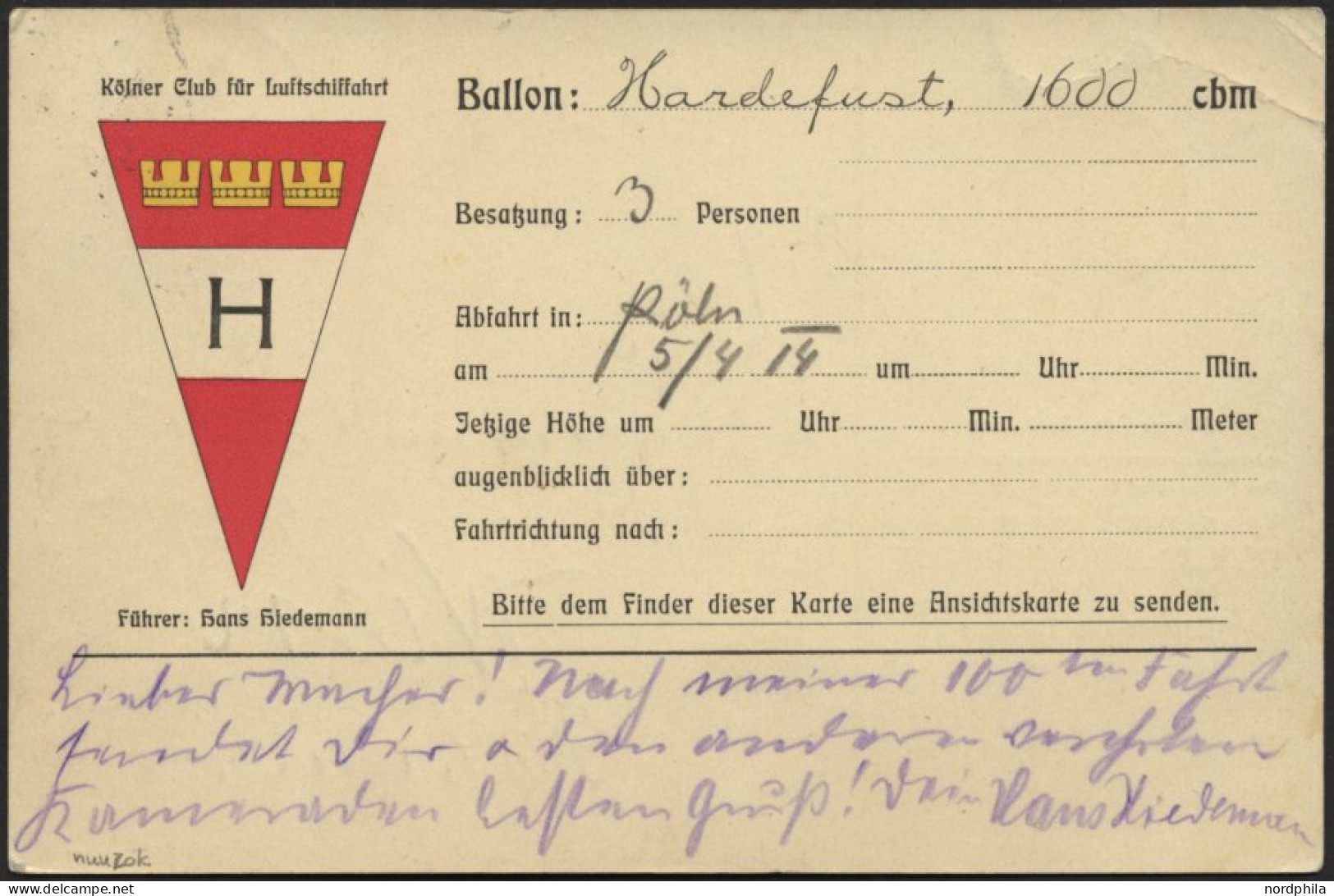 BALLON-FAHRTEN 1897-1916 5.4.1914, Kölner Club Für Luftschiffahrt, Abwurf Vom Ballon HARDEFUST, Postaufgabe In Cöln Am 6 - Mongolfiere