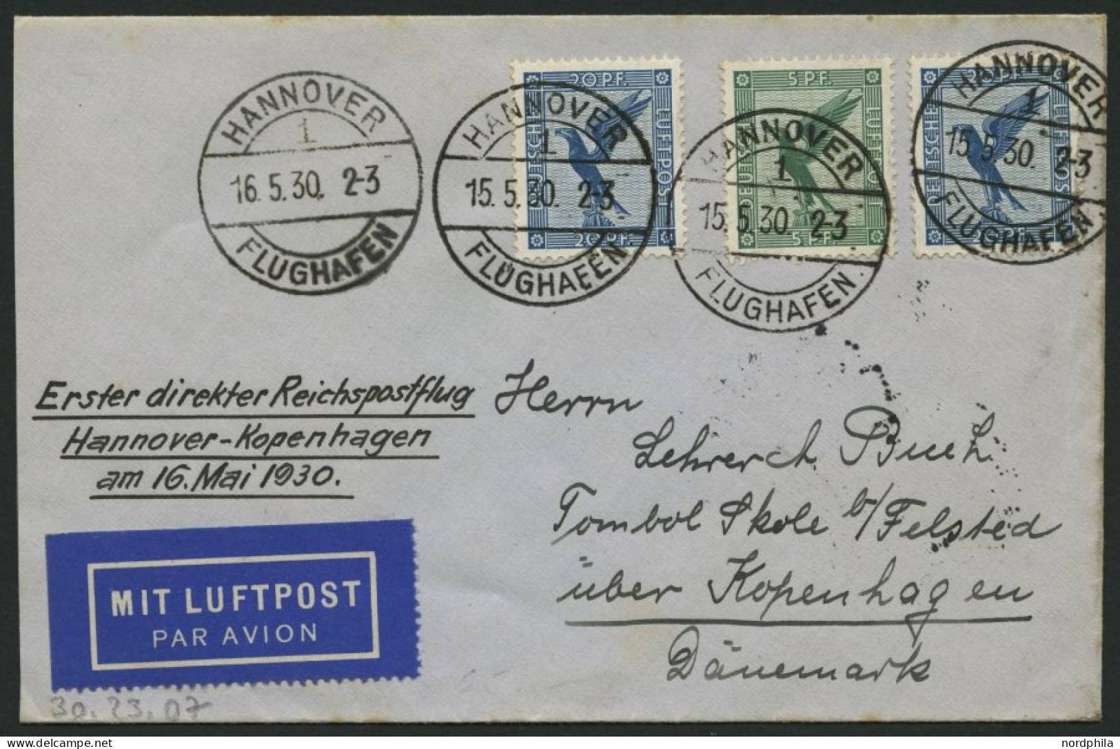 ERST-UND ERÖFFNUNGSFLÜGE 30.23.07 BRIEF, 16.5.1930, Hannover-Kopenhagen, Prachtbrief - Zeppelins