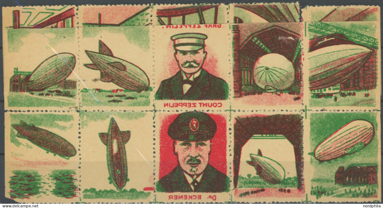 LUFTPOST-VIGNETTEN , 1928/30, USA-Zeppelin Abziehbilder: 14 Verschiedene Farbige Briefmarken, Meist Zusammendrucke, Ohne - Poste Aérienne & Zeppelin