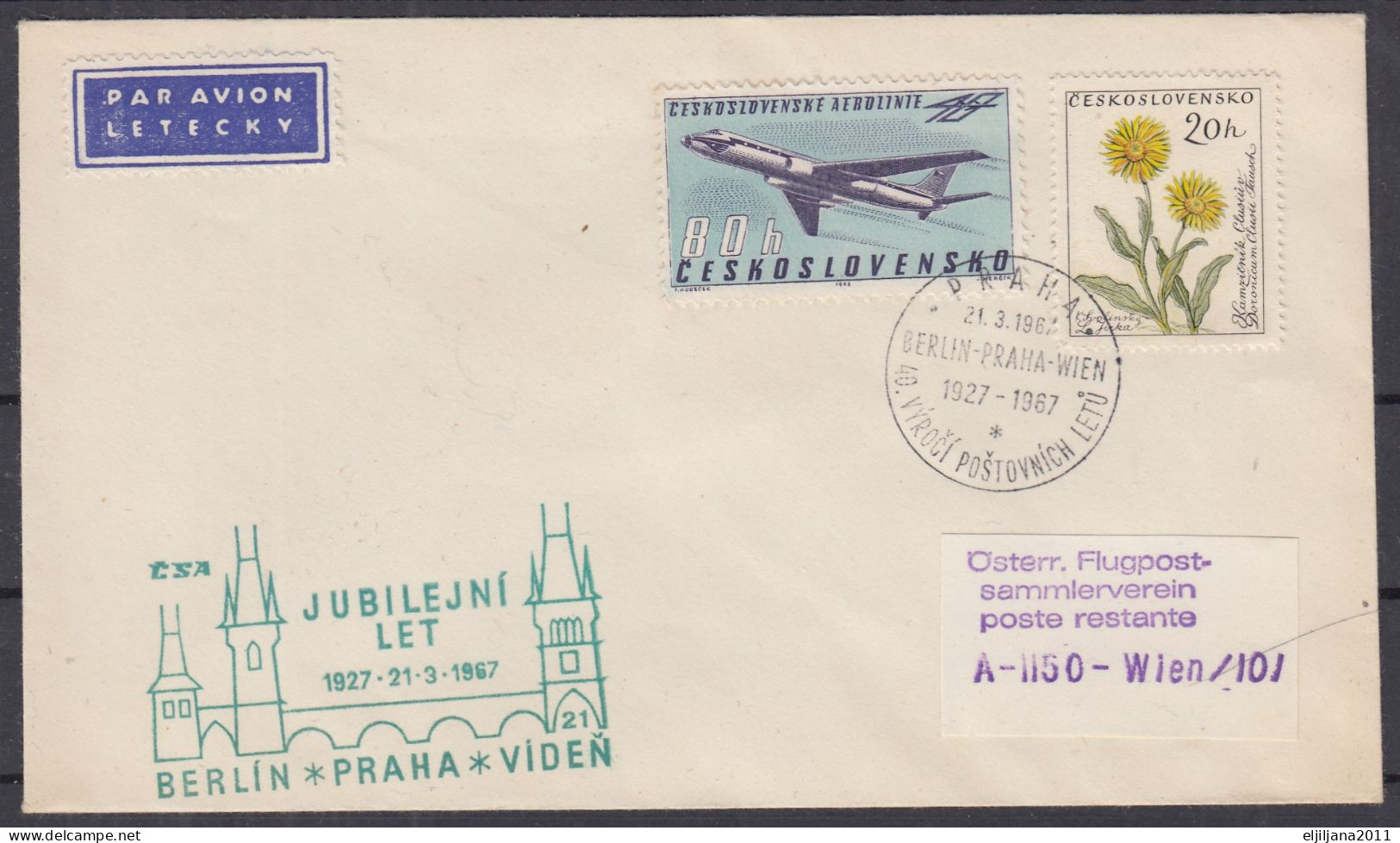 ⁕ Czechoslovakia 1967 ⁕ Air Mail BERLIN - PRAHA - VIDEN Commemorative Cover, Jubilejni Let 1927 - 1967 - Briefe U. Dokumente