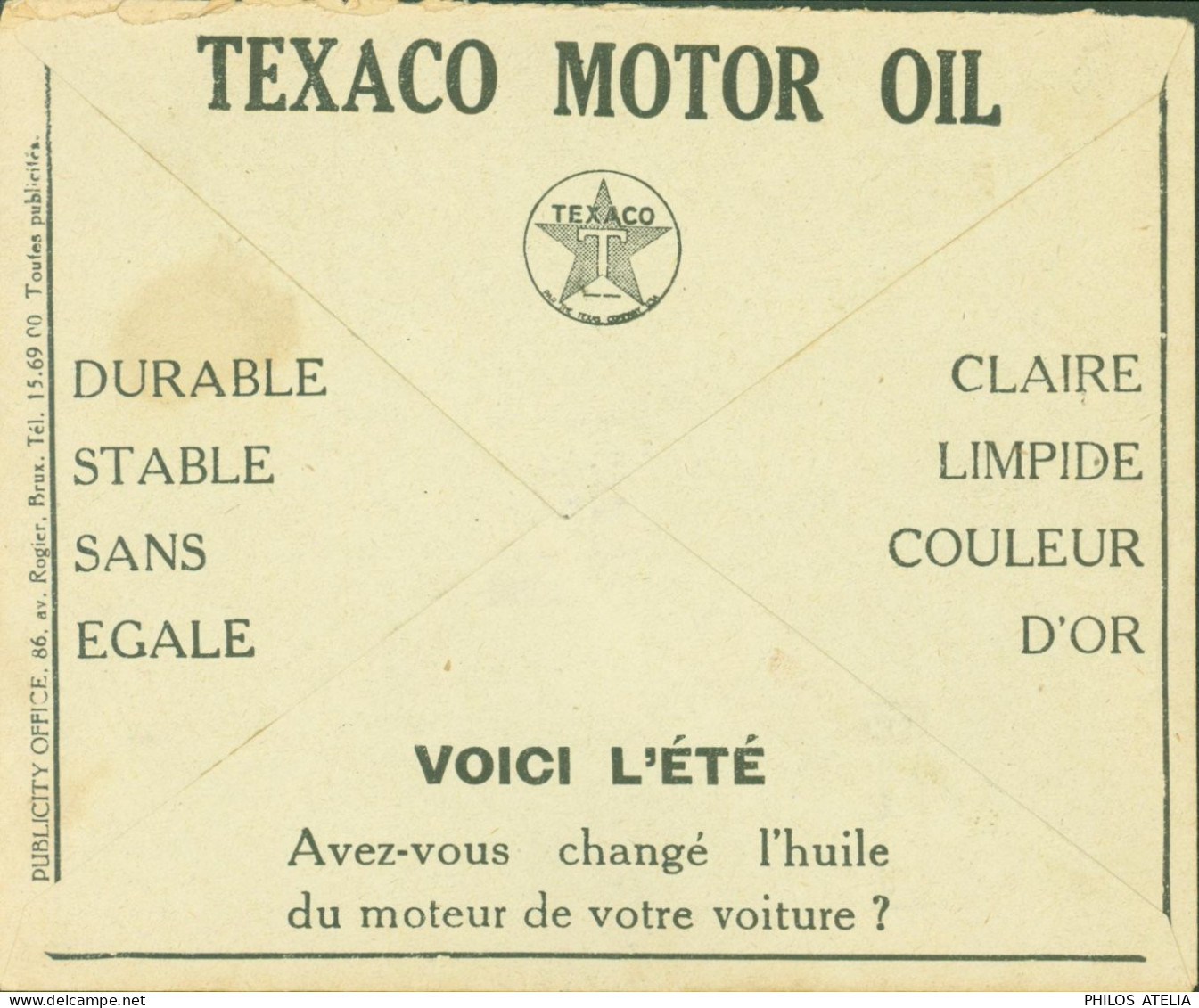 Enveloppe Illustrée Publicitaire Texaco Motor Oil Moteur Voiture Franchise CAD Bruxelles Chèques 13 VI 32 Flamme Chèques - Storia Postale