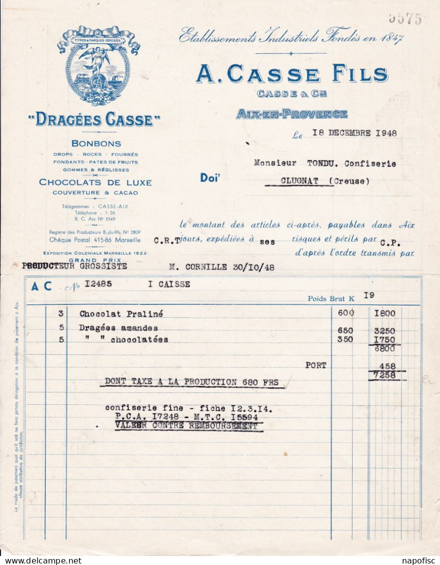 13-A.Casse Fils . ..Dragées, Bonbons, Chocolat De Luxe..Aix-en-Provence..(Bouches-du-Rhône)...1948 - Alimentos