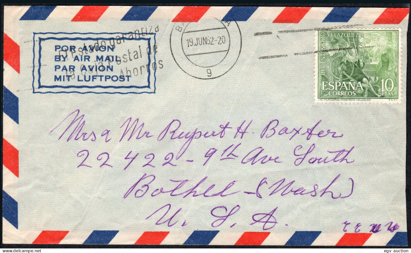 España - Edi O 1343 - Sobre Mat "Barcelona 19/06/62" Por Avión A USA - Covers & Documents