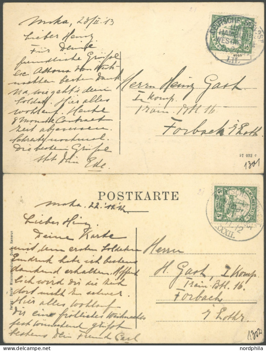 KAMERUN 21 BRIEF, 1912/3, 5 Pf. Grün, Mit Wz., Mit Seepoststempeln LINIE HAMBURG WESTAFRIKA (LII Und XXXII) Auf Ansichts - Kamerun