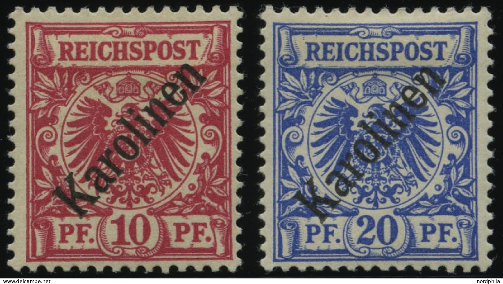 KAROLINEN 3/4I , 1899, 10 Und 20 Pf. Diagonaler Aufdruck, Falzreste, 2 Prachtwerte, Mi. 150.- - Carolines