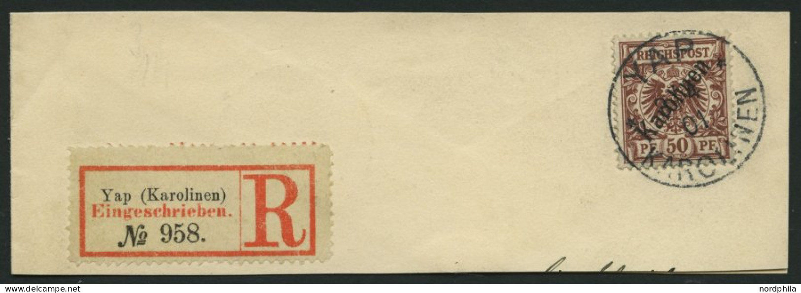 KAROLINEN 6I BrfStk, 1899, 50 Pf. Diagonaler Aufdruck Auf Großem Briefteil Mit R-Zettel, Kabinett, Fotoattest Jäschke-L. - Carolines