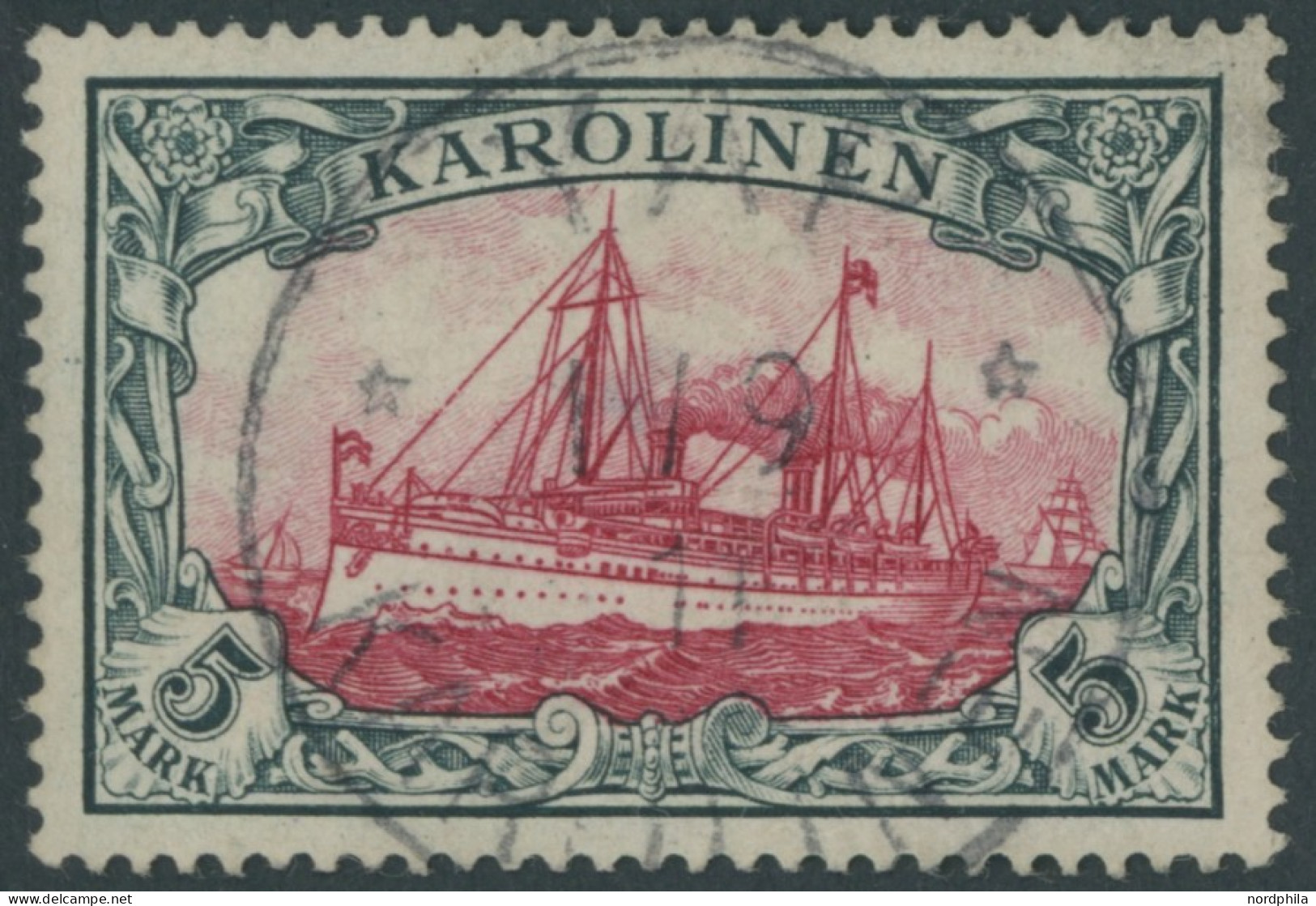 KAROLINEN 19 O, 1900, 5 M. Grünschwarz/dunkelkarmin, Ohne Wz., Stempel YAP, Pracht, Mi. 600.- - Karolinen