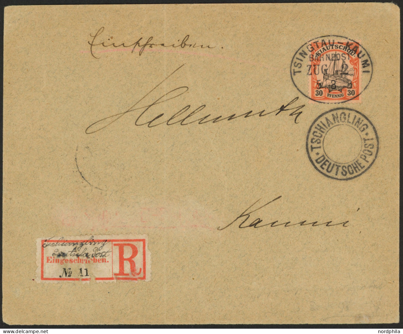 KIAUTSCHOU 10 BRIEF, 1902, 30 Pf. Rötlichorange/rotschwarz Auf Mattgelblichorange Auf Einschreibbrief Mit Bahnpoststempe - Kiautschou