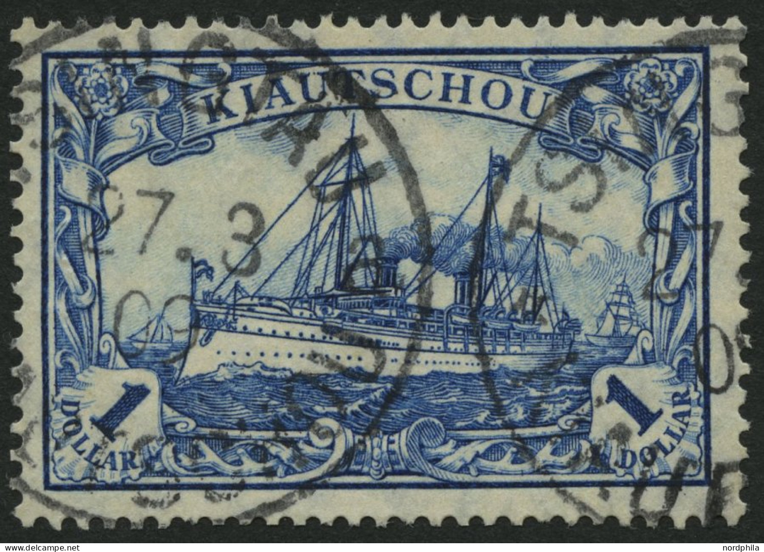 KIAUTSCHOU 35IA PFI O, 1906, 1 $ Schwärzlichblau, Mit Wz., Friedensdruck, Mit Plattenfehler Wertziffer 1 Kreuzweise Schr - Kiautschou