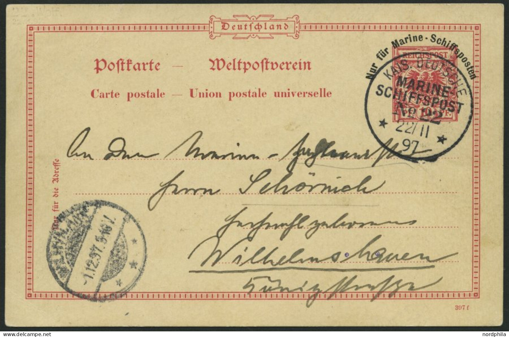 MSP BIS 1914 MSP P 1 BRIEF, 22 (S.M.S. WOLF), 22.11.97, 10 Pf. MSP-Ganzsachenkarte Aus Las Palmas, Pracht - Marítimo