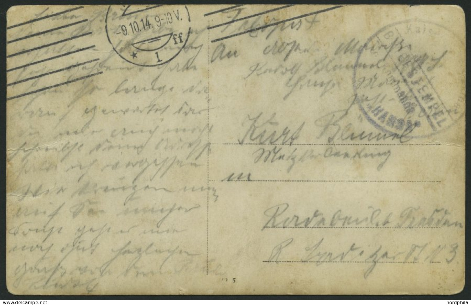 MSP VON 1914 - 1918 (Großer Kreuzer HANSA), 9.10.1914, Violetter Briefstempel, Feldpost-Ansichtskarte Von Bord Der Hansa - Maritiem