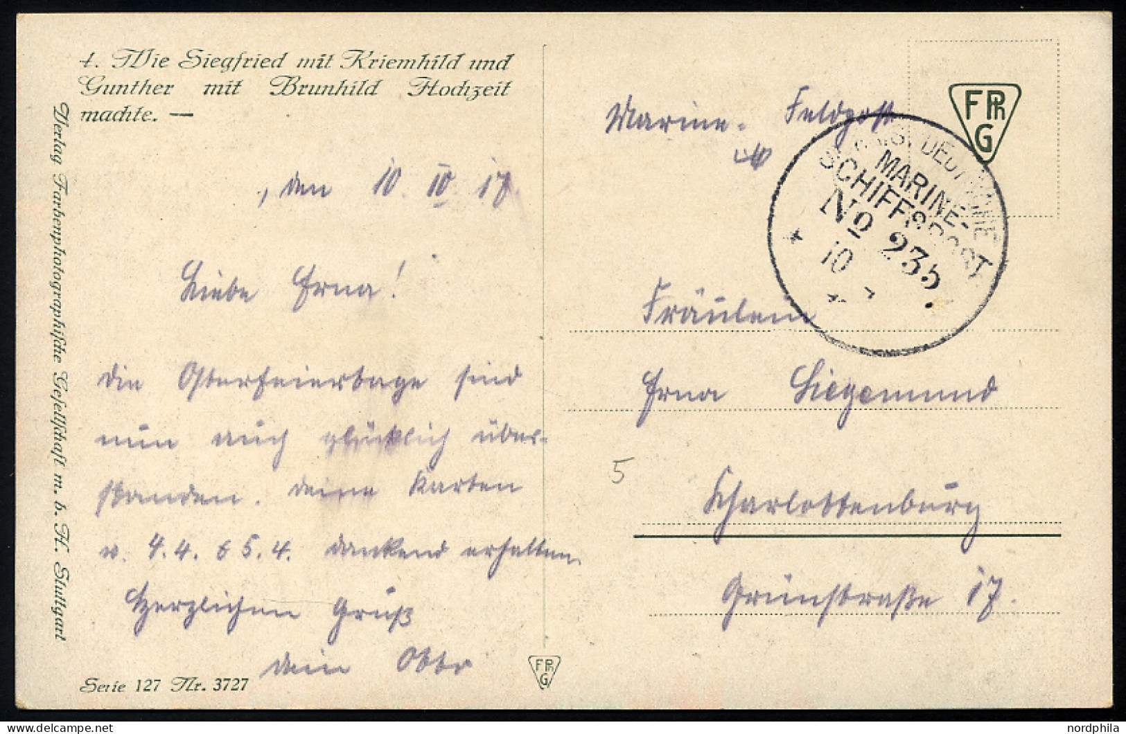 MSP VON 1914 - 1918 235 (2. Halbflottille Der Handelsschutzflottille), 10.10.1917, Feldpost-Künstlerkarte Nach Charlotte - Marittimi