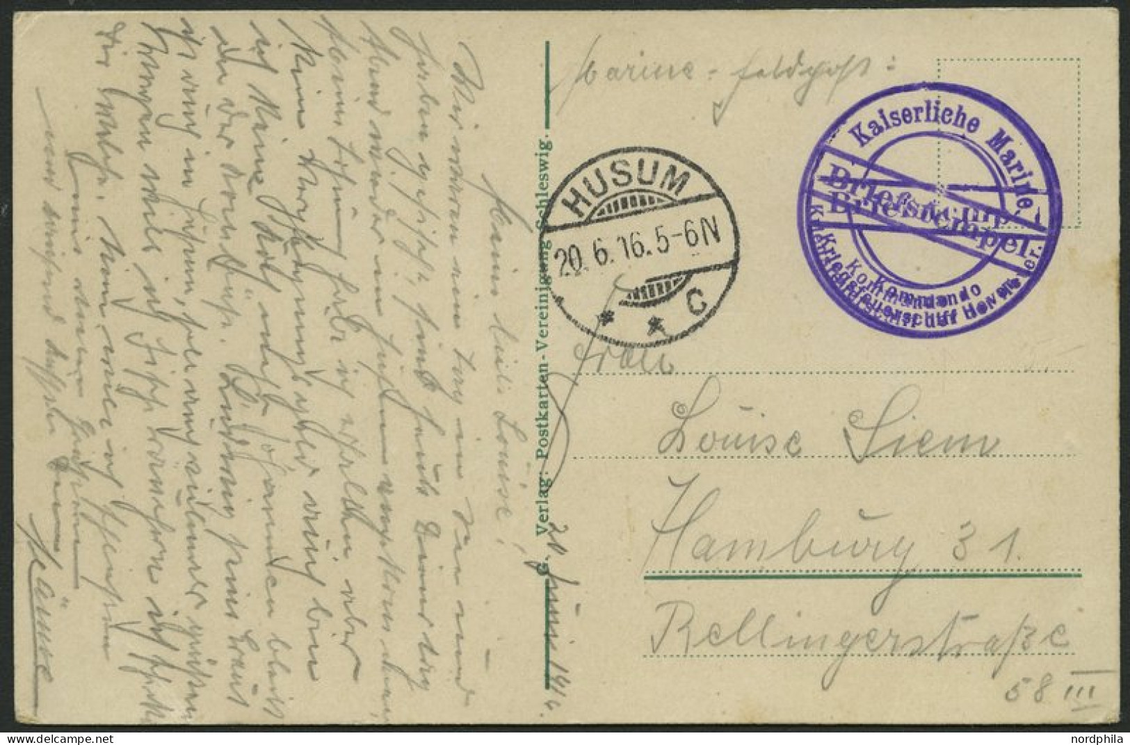 MSP VON 1914 - 1918 (Kriegsfeuerschiff Der Hever), 20.6.1916, Violetter Briefstempel, Poststempel Husum, Feldpost-Ansich - Marítimo