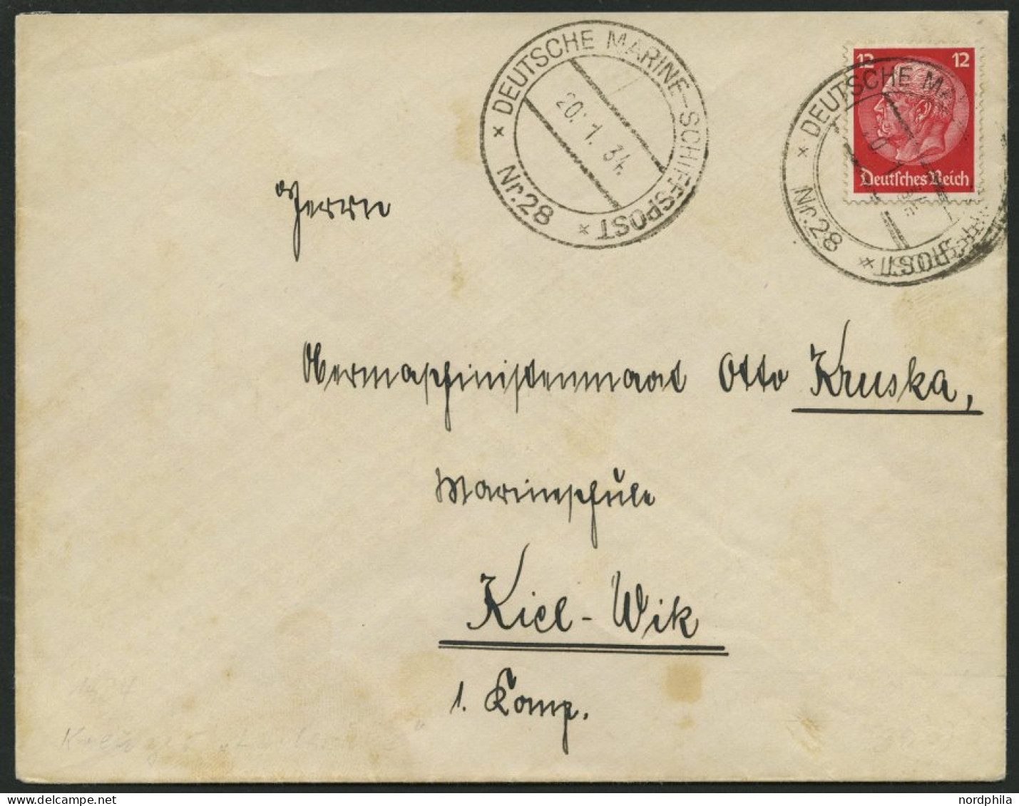 MSP VON 1920 - 1940 DR 487 BRIEF, 28 (Kreuzer KARLSRUHE), 20.1.1934, Etwas Fleckiger Prachtbrief Nach Kiel - Maritiem