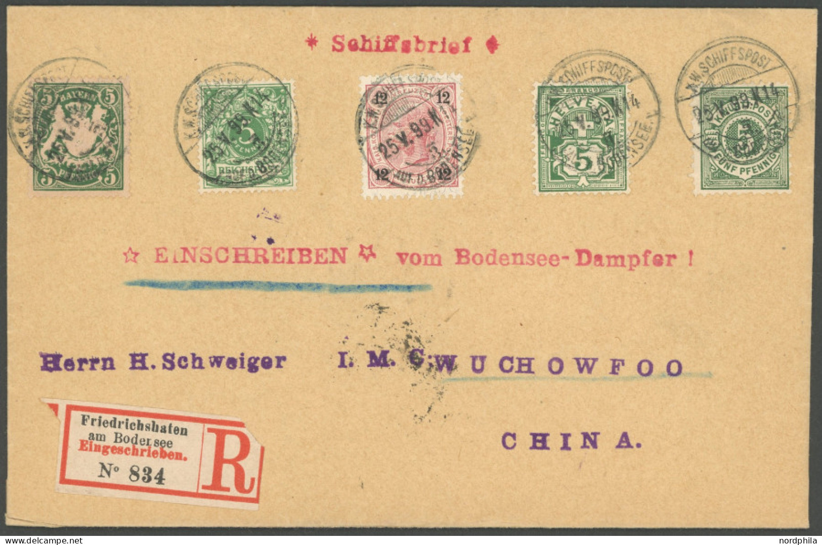 DEUTSCHE SCHIFFSPOST 1899, Bodensee-Schiffspost: Einschreib-Schiffspostbrief Mit Fünfländer-Frankatur Bayern, Deutsches  - Marittimi