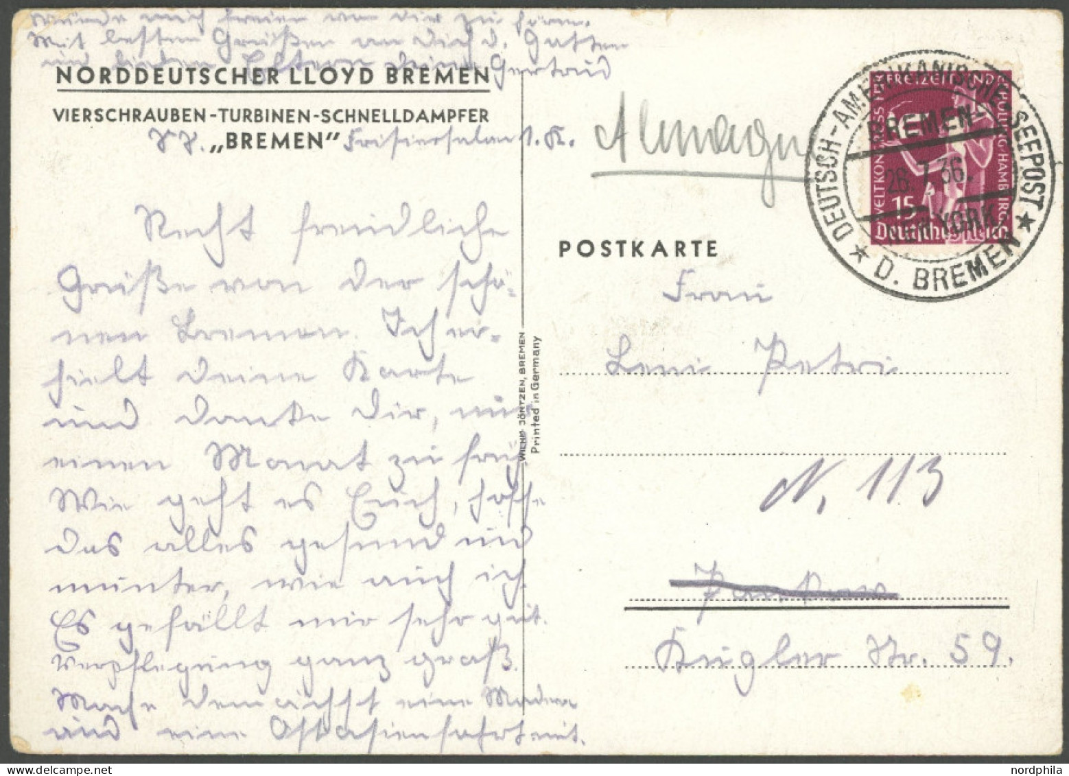 DEUTSCHE SCHIFFSPOST 26.7.1936, Mitarbeiterpost Mit Seepoststempel D. Bremen Auf Ansichtskarte Norddeutscher Lloyd, Prac - Schiffahrt