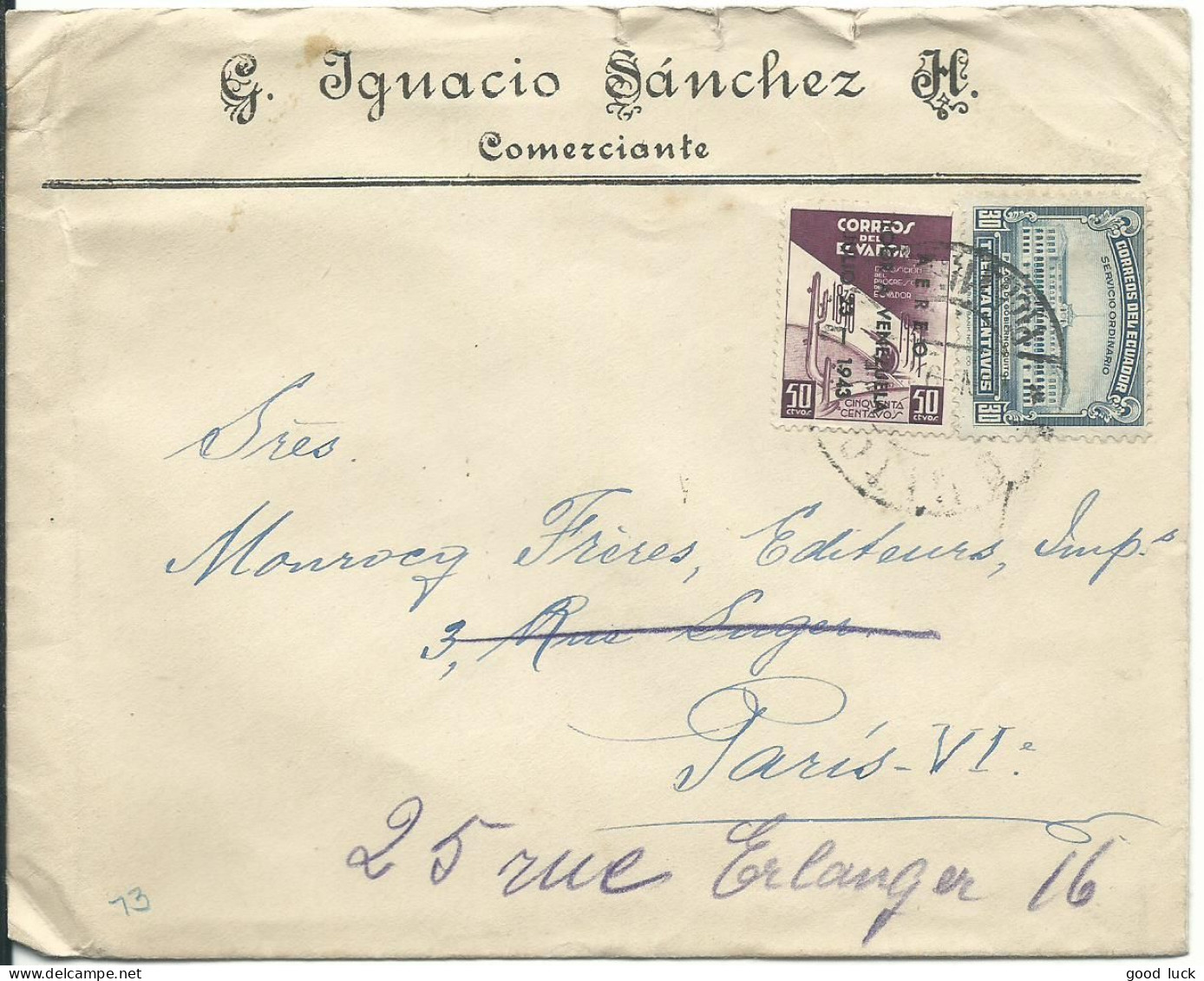 EQUATEUR  LETTRE 80c QUITO POUR PARIS DE 1944     LETTRE COVER - Ecuador