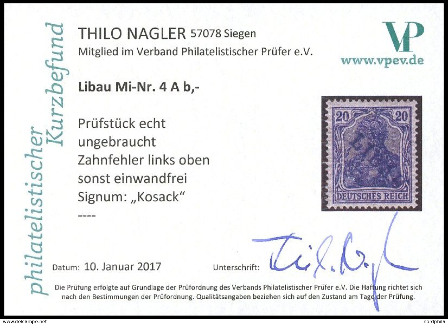 LIBAU 4Ab , 1919, 20 Pf. Dunkelviolettblau, Type I, Falzrest, Ein Kurzer Zahn Sonst Pracht, Kurzbefund Nagler, Mi. 170.- - Occupation 1914-18