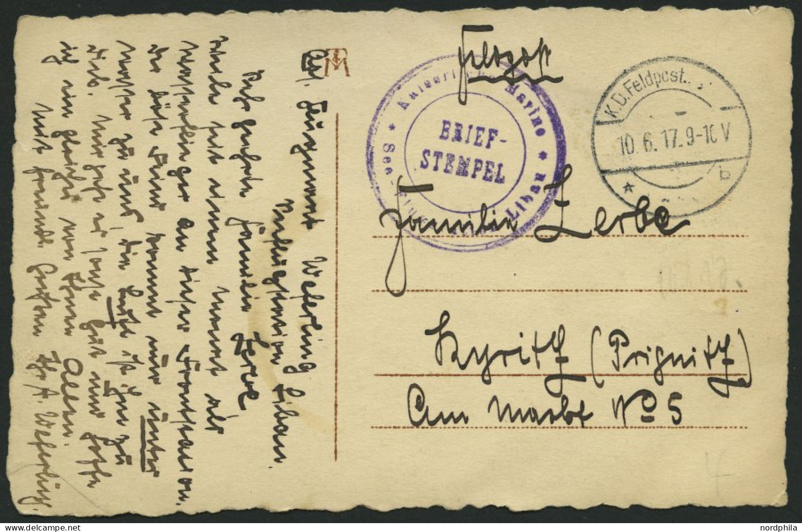 FELDPOST I.WK 1917, Feldpost-Ansichtskarte (Flieger Adolf Weferling) Mit Violettem Briefstempel KAISERLICHE MARINE - SEE - Covers & Documents