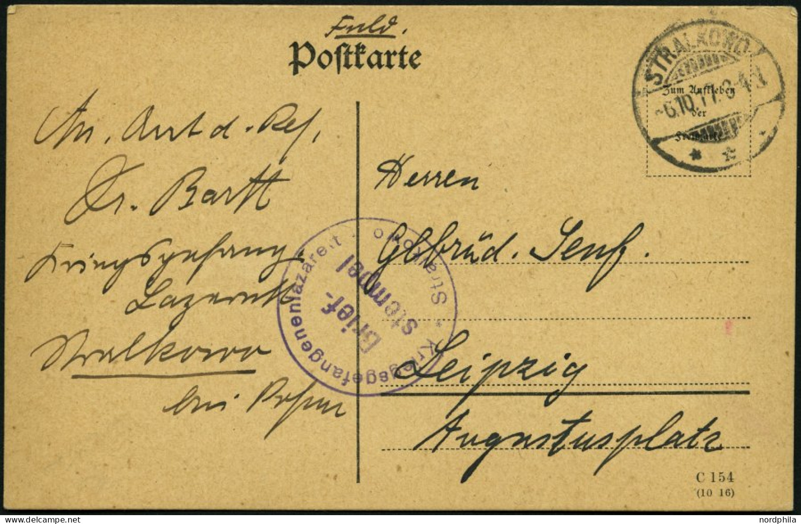 FELDPOST I.WK 1917, Feldpostkarte Mit Violettem K1 KRIEGSGEFANGENENLAZERETT STRALKOWO Nach Leipzig, Feinst - Covers & Documents