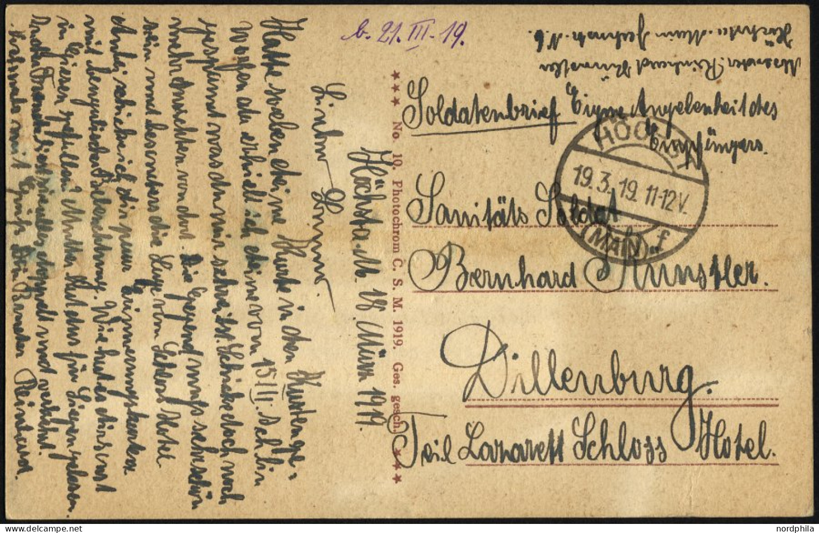 FELDPOST I.WK 1919, Soldatenpost-Ansichtskarte Soldatenbrief Eigene Angelegenheit Des Empfängers Aus Höchst An Einen San - Covers & Documents
