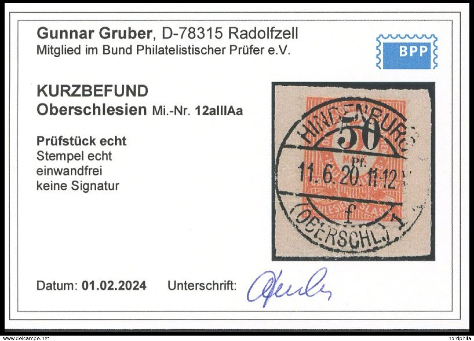 OBERSCHLESIEN 12aIII Aa BrfStk, 1920, 50 Pf. Auf 5 M., Stempel HINDENBURG, Prachtbriefstück, Kurzbefund Gruber, Mi. 220. - Other & Unclassified