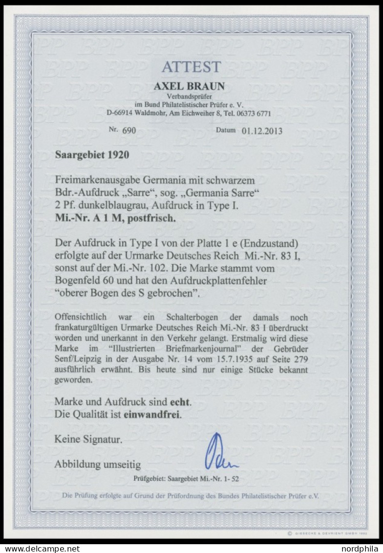 SAARGEBIET A1 PF M , 1920, 2 Pf. Dunkelblaugrau (schraffierter Hintergrund), Aufdruck Irrtümlich Auf Dt. Reich Mi.Nr. 83 - Otros & Sin Clasificación