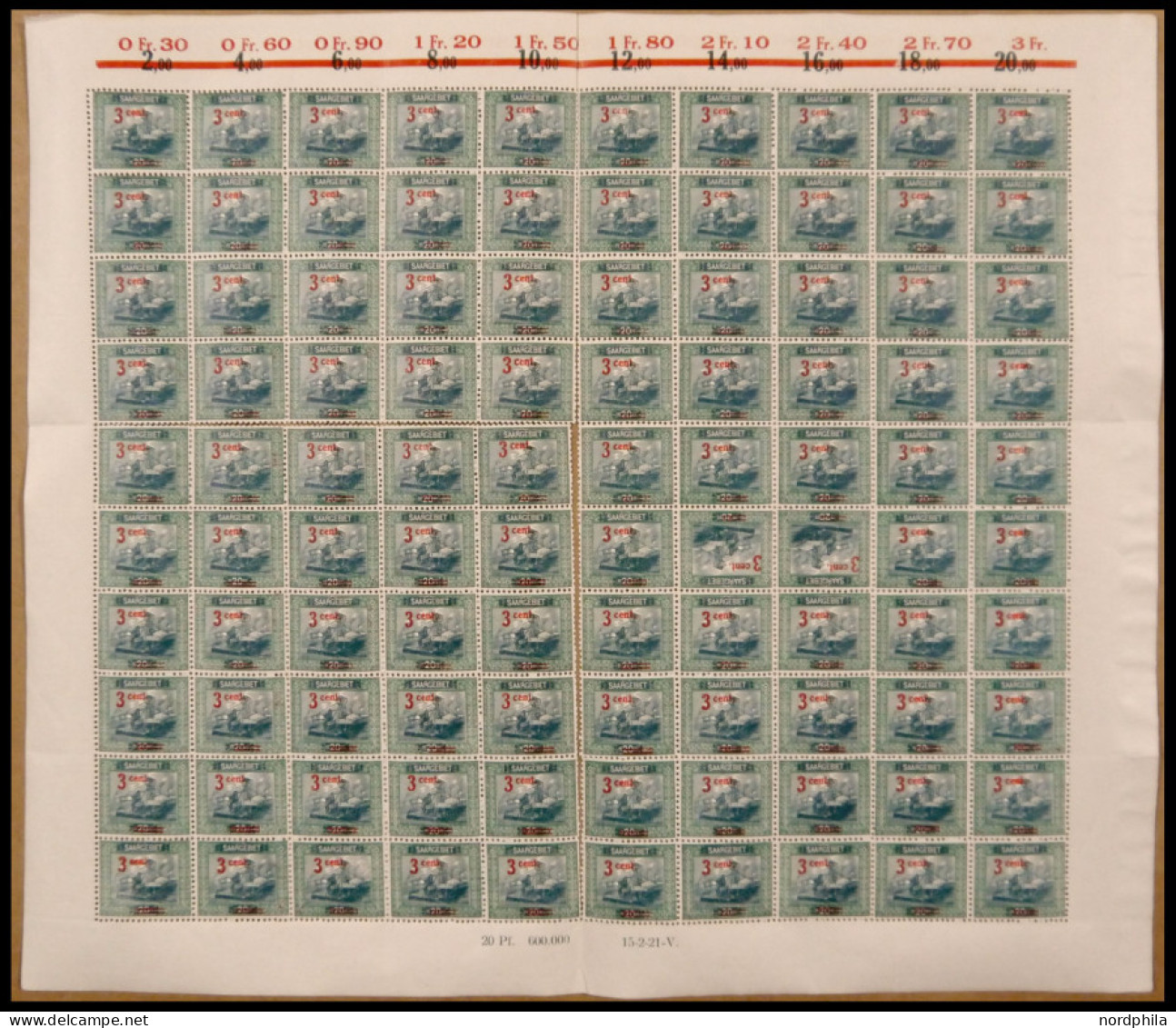 SAARGEBIET 70A , 1921, 3 C. Auf 20 Pf. Förderturm, Gezähnt, Im Postfrischen Bogen (100), Mit Kehrdrucken, Druckdatum (15 - Autres & Non Classés
