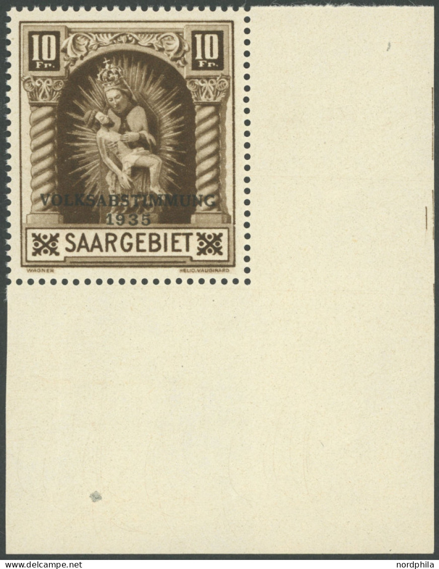 SAARGEBIET 194 , 1934, 10 Fr. Volksabstimmung, Untere Rechte Bogenecke, Postfrisch, Pracht - Altri & Non Classificati