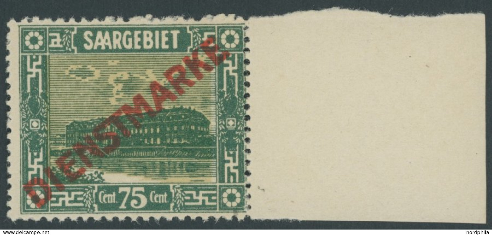 SAARGEBIET D 10 , 1922, 75 C. Steingutfabrik, Rechtes Randstück, Postfrisch, Pracht, Mi. 100.- - Oficiales